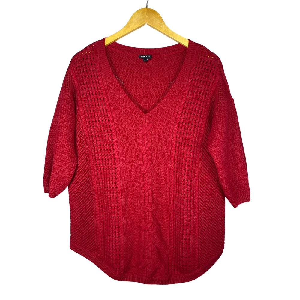 Torrid Red Cable Knit V-Neck Sweater Wool Blend Elbow Sleeve Plus Size 1 XL